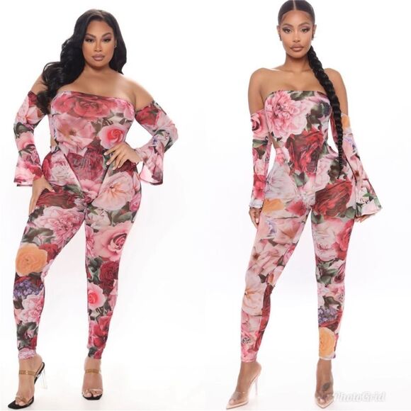 Fashion Nova Blame It On The Rose Legging Red/Combo Set 1X Bell Sleeve Bodysuit - Picture 4 of 11